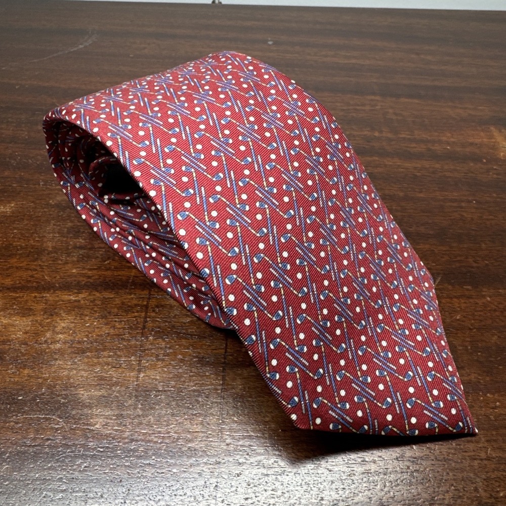 New! Brooks Brothers Mens Golf Tie Red Silk AOP Country Club office business